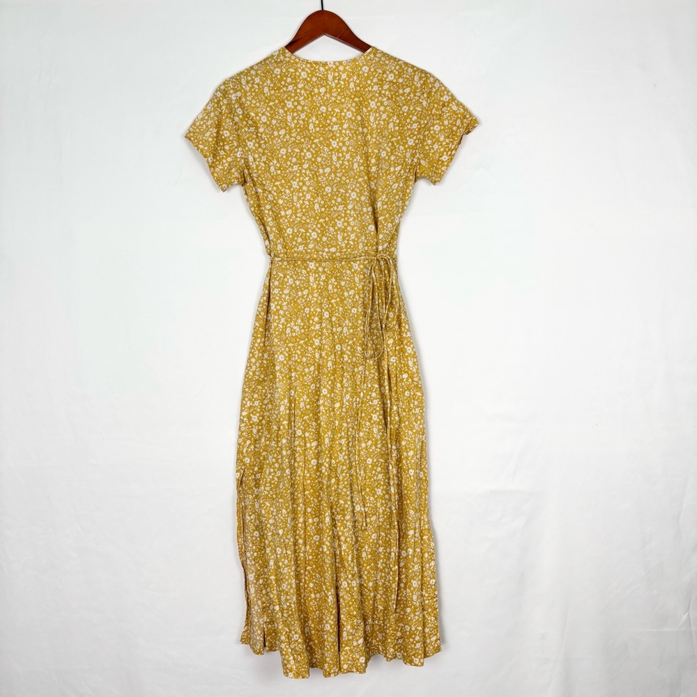 Outerkown Organic Cotton Floral Wrap Dress Midi Short Sleeve Size XS Yellow - Picture 3 of 7